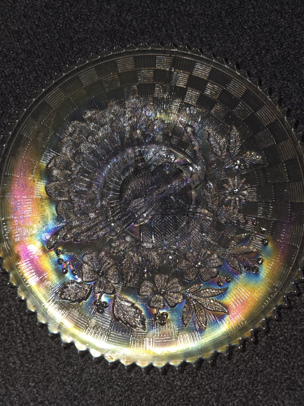 Iridescent Carnival Glass Decorative Plate - Peacock Design, Clear